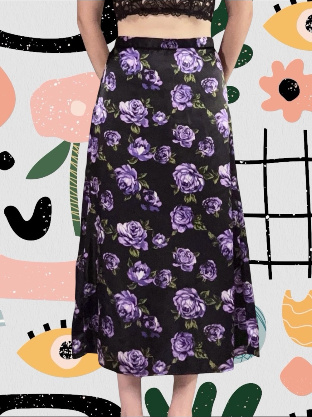 Amy Byer | Vintage Y2K Black and Purple Floral Satin High Waisted Midi Skirt